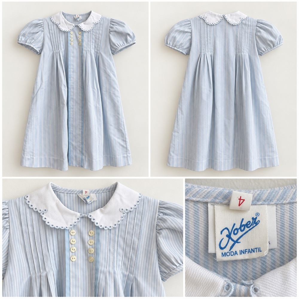 Kober Dress Kids 4 Blue Pinstripe Cottagecore Peter Pan Collar Eyelet Spain